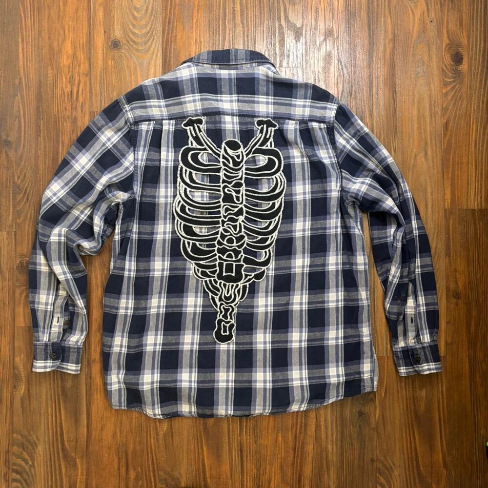 Furst of a Kind Blue Plaid Flannel with Skeleton Ribcage Back Patch Size Large